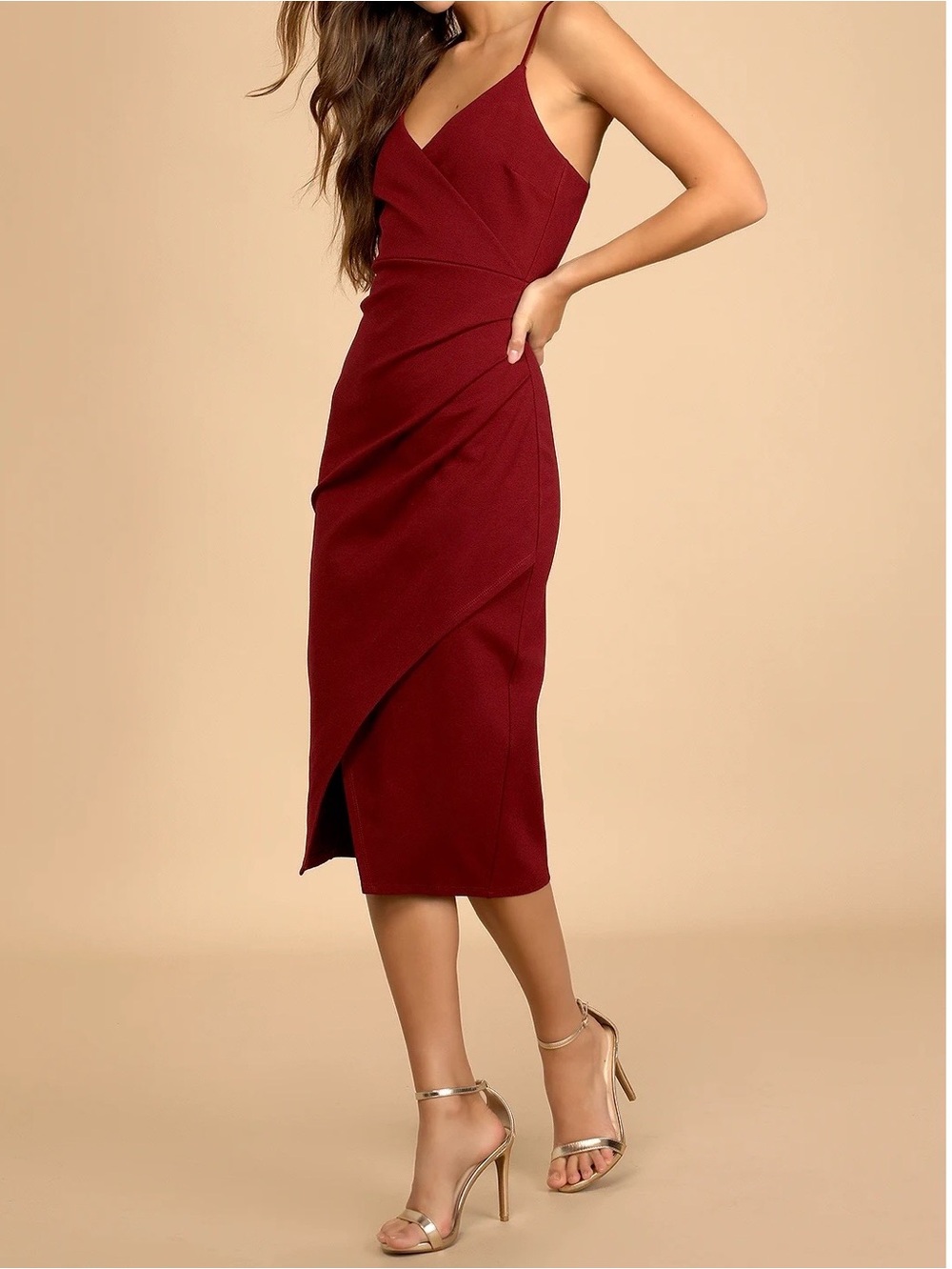 Lulus Burgundy Wrap Style (faux wrap dress) Midi Dress
